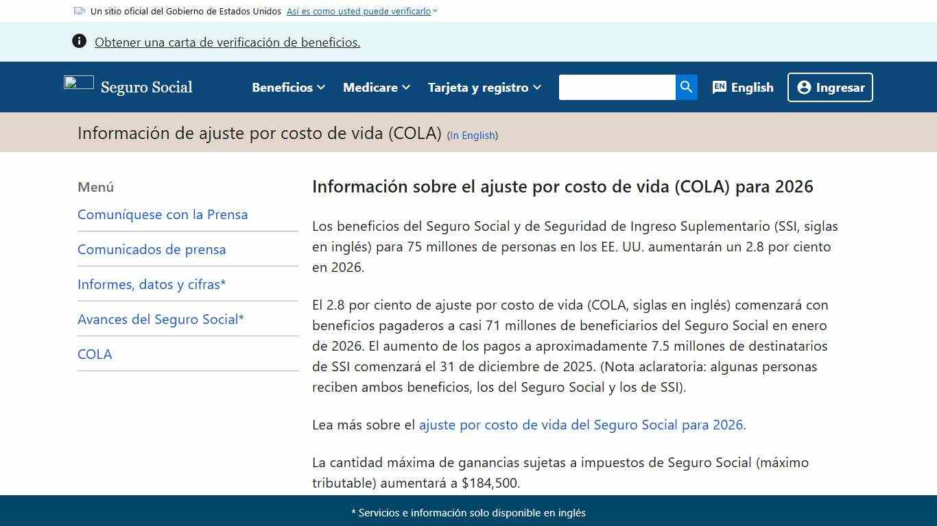 Información de ajuste por costo de vida (COLA) Noticias SSA